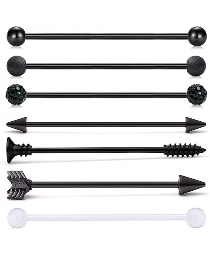 vcmart 7pcs 14G 38mm 1 1 2 inch Black Stainless Steel Industrial Barbell Spike Matte Ball Arrow Screw Crystal Clear Ball Ear Cartilage Helix-Conch Earring Piercing Jewelry