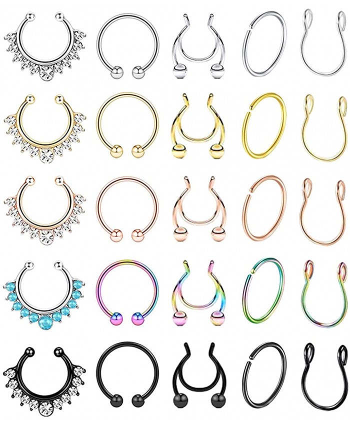 YOVORO 25Pcs Stainless Steel Fake Nose Ring Hoop for Men Women Faux Lip Ear Septum Ring Non-Pierced Body Jewelry XK