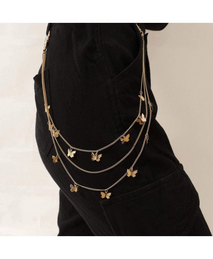 Aualrso Charming Butterfly Trousers Chain Gold Layered Pants Chains Waist Chain Hip Hop Body Chain for Women and Men at Women’s Clothing store