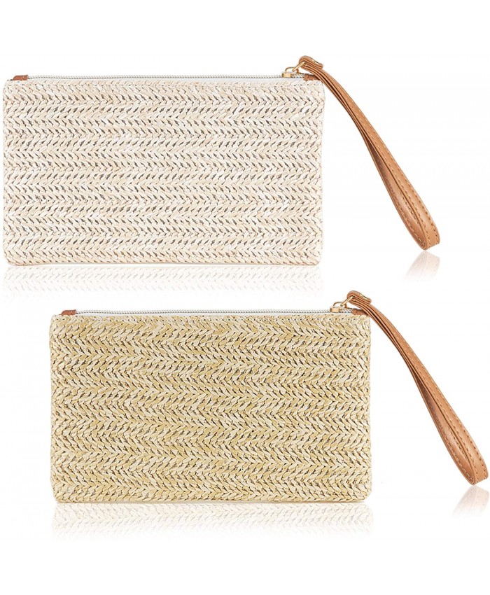 2 Pieces Straw Clutch Bag Zipper Straw Wallet Bohemian Summer Beach Straw Wristlet Handbag for Women Girls Handbags