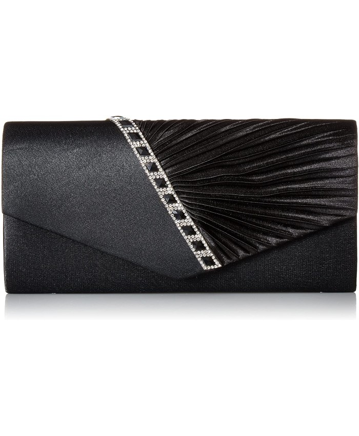 Damara Womens Pleated Crystal-Studded Satin Handbag Evening Clutch Black