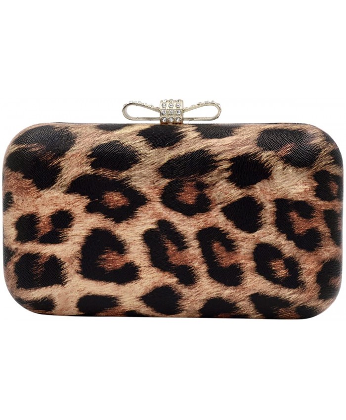 Elegant Leopard PU Leather Crystal Bow Top Hard Clutch Brown Handbags