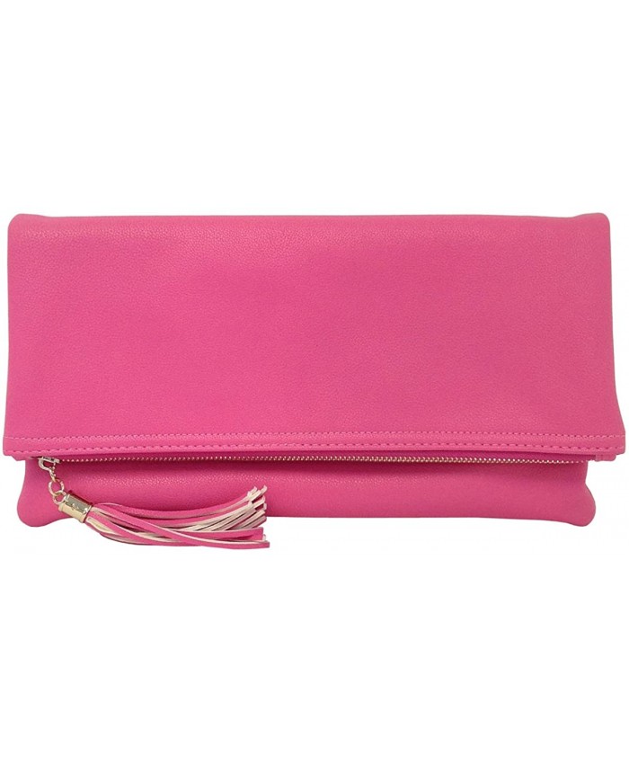 Faux Leather Oversize Foldover Clutch with Tassel Pink Handbags
