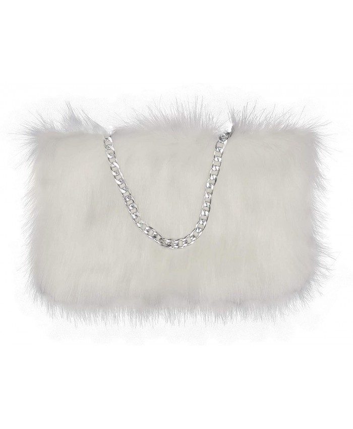 FHQHTH Faux Fur Purse Fuzzy Handbags for Women Evening Handbags Al alloy Shoulder Strap [White] Handbags
