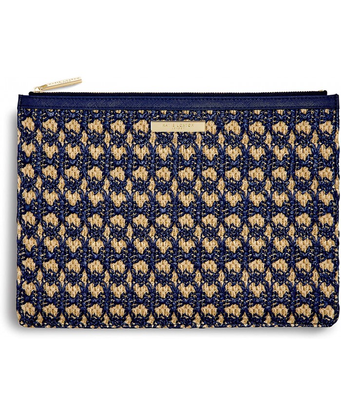 Katie Loxton Willow Woven Straw Womens Clutch Pouch in Natural and Navy Blue Handbags