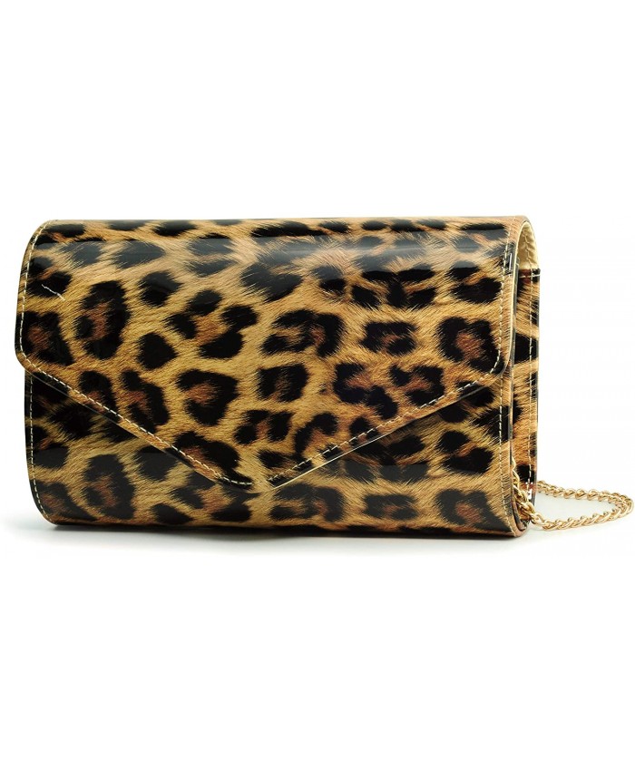 Leopard Evening Handbag Women Envelope Clutch Patent Leather Glossy Purse with Shoulder Chain Strap Brown Leopard Handbags