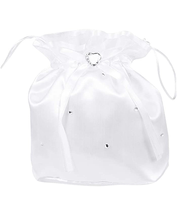 PIXNOR Wedding Money Bags White Satin Bridal Purse Heart-shaped Rhinestone Bow Drawstring Bridal Favor Bag