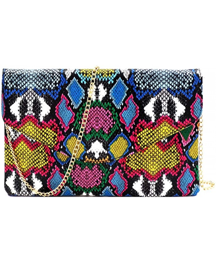 Snake Print Leather Envelope Clutch Purse with Crossbody Chain Strap Envelope Style - Multi Handbags