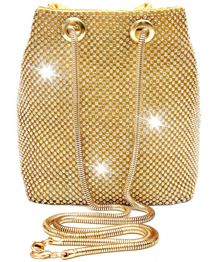 Vgift Evening Purse Women Rhinestone Bucket Bag Crystal Purse for Wedding Party Gold Handbags