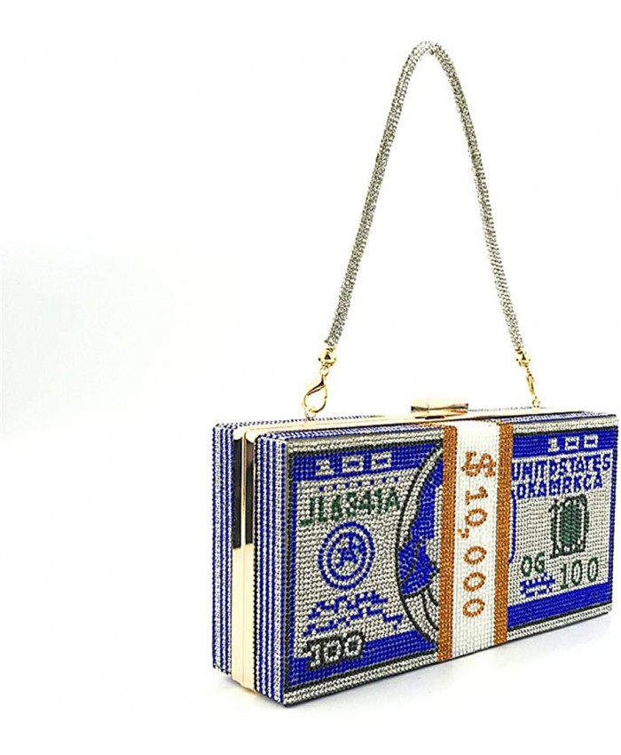 Women Rhinestone Dollar Bill Shoulder Bag Diamond Money Clutch Purse Bling Cash Mini Handbag of Wedding Evening Party 8x2.2x4.1 inch Blue Handbags