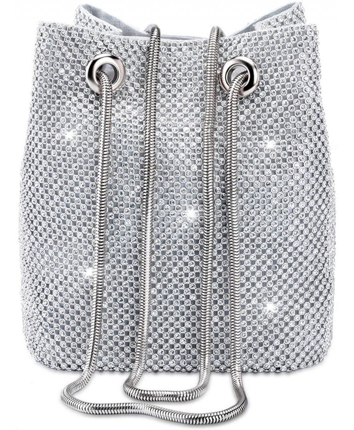 Women Rhinestones Crystal Clutch Evening Bags Bucket Bag Party Prom Wedding Shoulder Cross-body Purses Silver Handbags