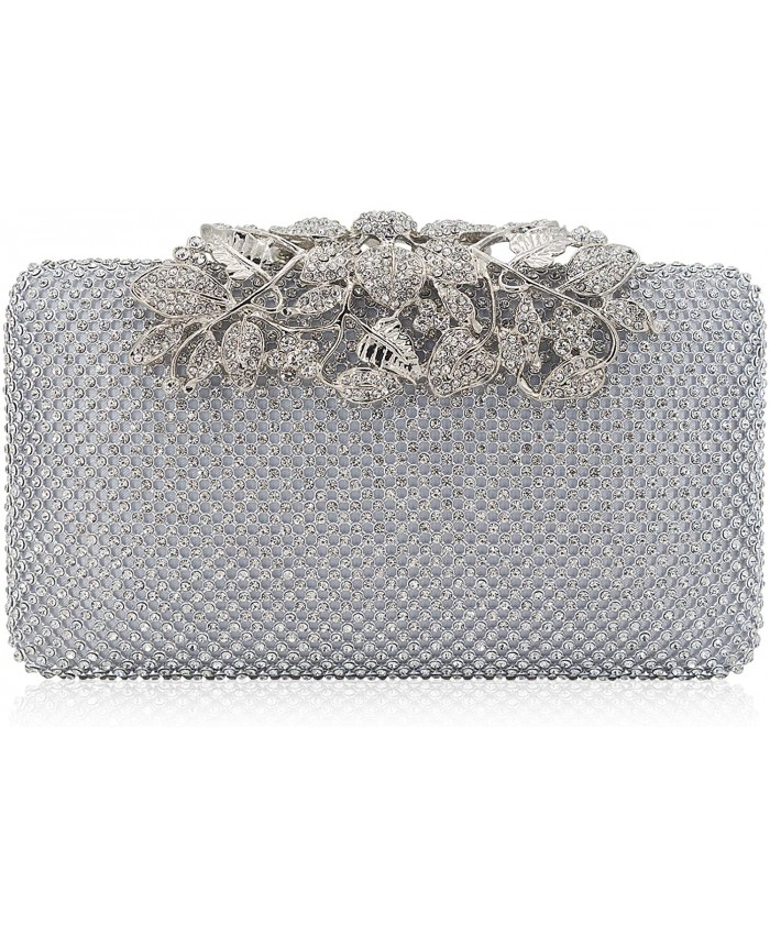 Womens Evening Bag with Flower Closure Rhinestone Crystal Clutch Purse for Wedding Party Silver
