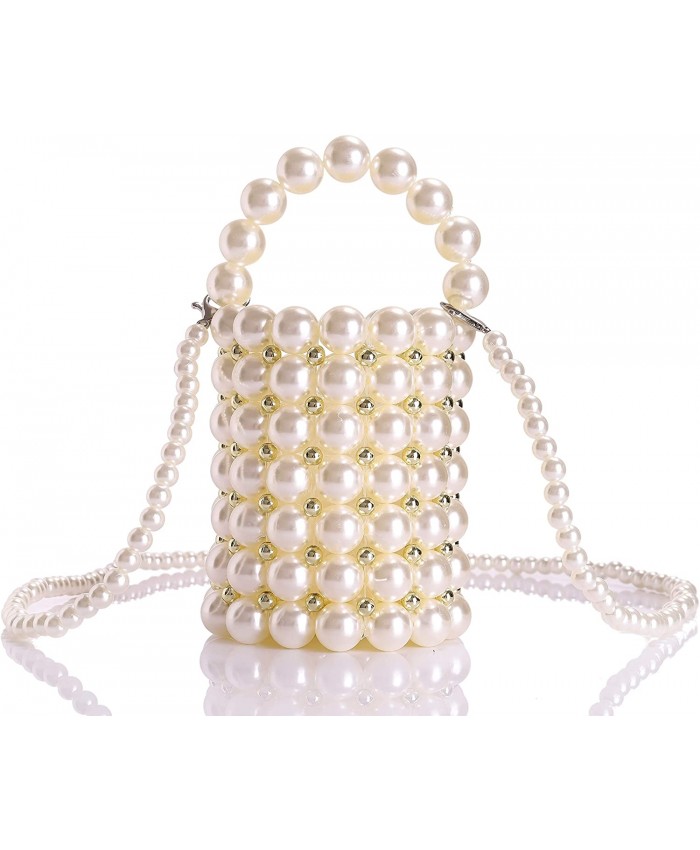 YIFEI Women Beaded Pearl Evening Bucket Handmade Bags with Detachable Chain for Wedding Party Medium Handbags
