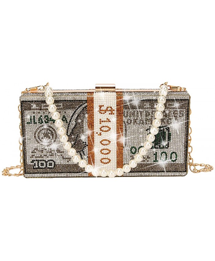 ZOVOTA Dollar Cash Bag Rhinestone Money Bag Purse with Pearl Handle Diamond Clutch Purse Wedding Dinner Handbag Grey Handbags