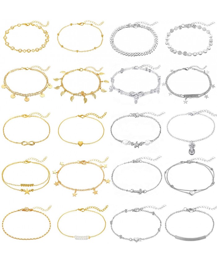 20Pcs Ankle Bracelets for Women Silver Gold Anklet Set Boho Anklets Bracelets Layered Adjustable Chain Beach Barefoot Foot Jewelry gold and silver color