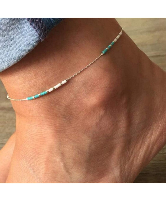 Aukmla Boho Turquoise Anklets Chain Silver Beach Bead Foot Bracelets Jewelry for Women and GirlsA-Silver 1