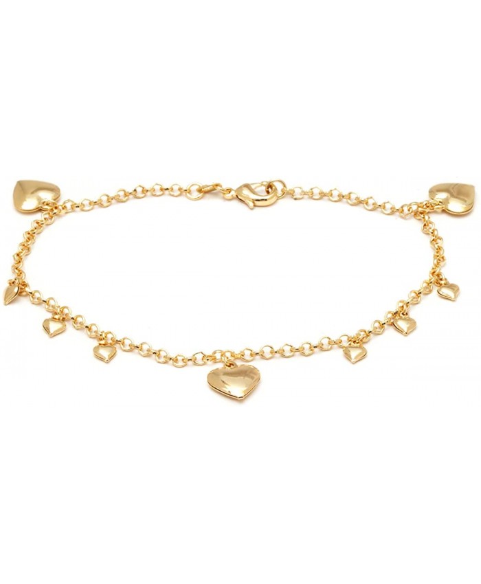 Barzel 18K Gold Plated Rolling Link With Heart Charms Anklet