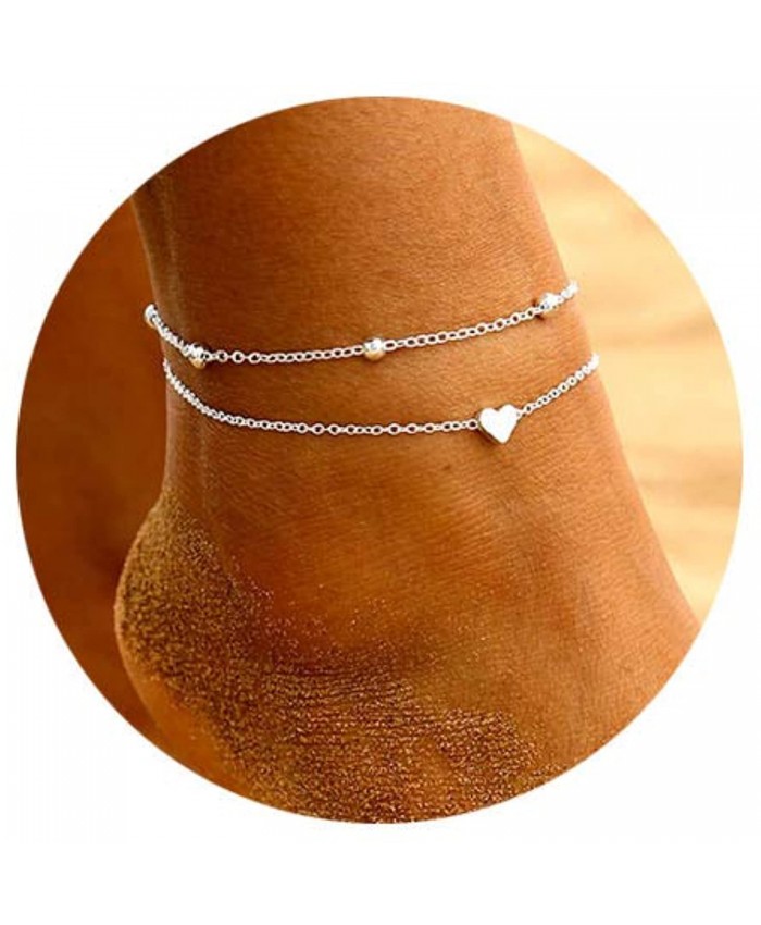 Beads Heart Anklet Cute Ankle Bracelets for Women Gold Silver Anklets for Women Beach Foot Chain for Teen Girls A：silver