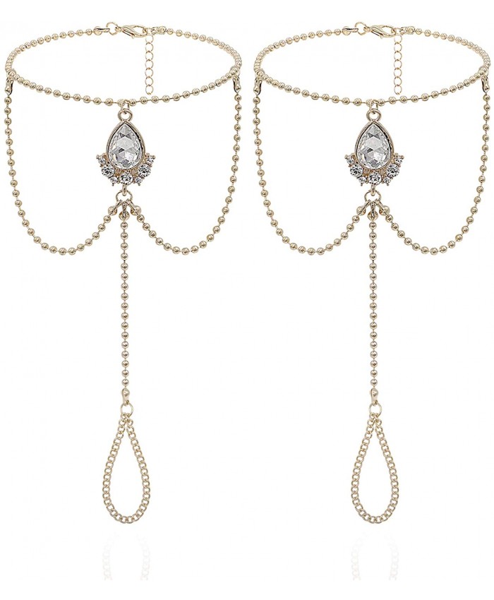 Bienvenu 1 Pair Boho Vintage Crystal Bead Tassel Anklet Bridal Wedding Pool Party Accessories Set Golden
