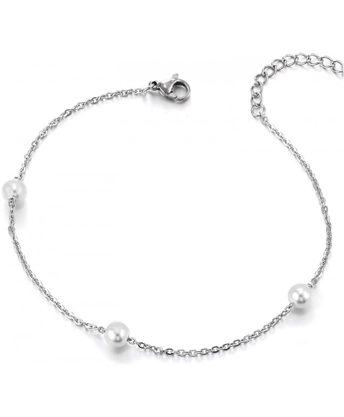 COOLSTEELANDBEYOND Elegant Stainless Steel Link Chain Anklet Bracelet with Charms of Pearls Adjustable