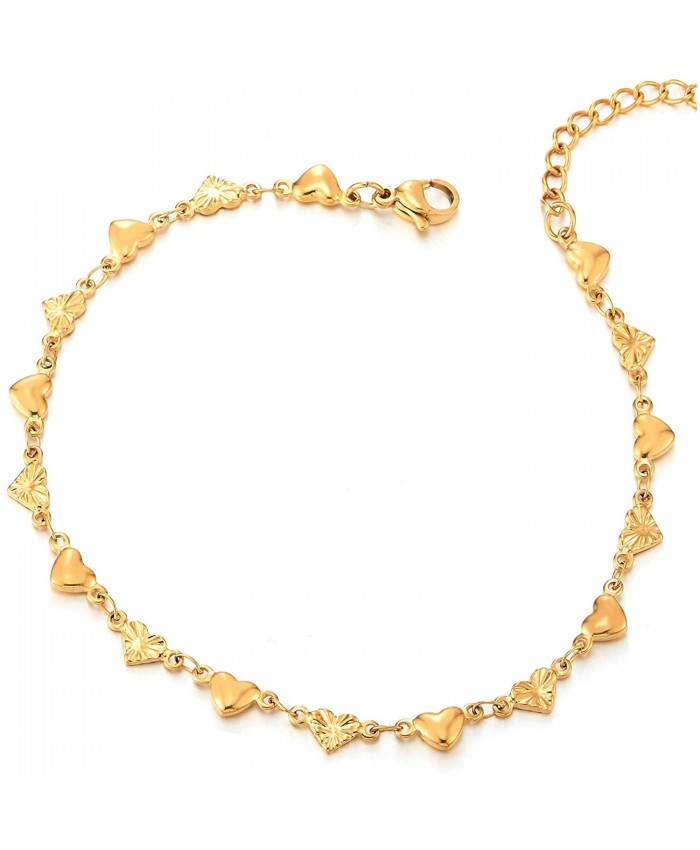 COOLSTEELANDBEYOND Lovely Stainless Steel Gold Color Grooved Hearts Puff Hearts Link Chain Anklet Bracelet Adjustable