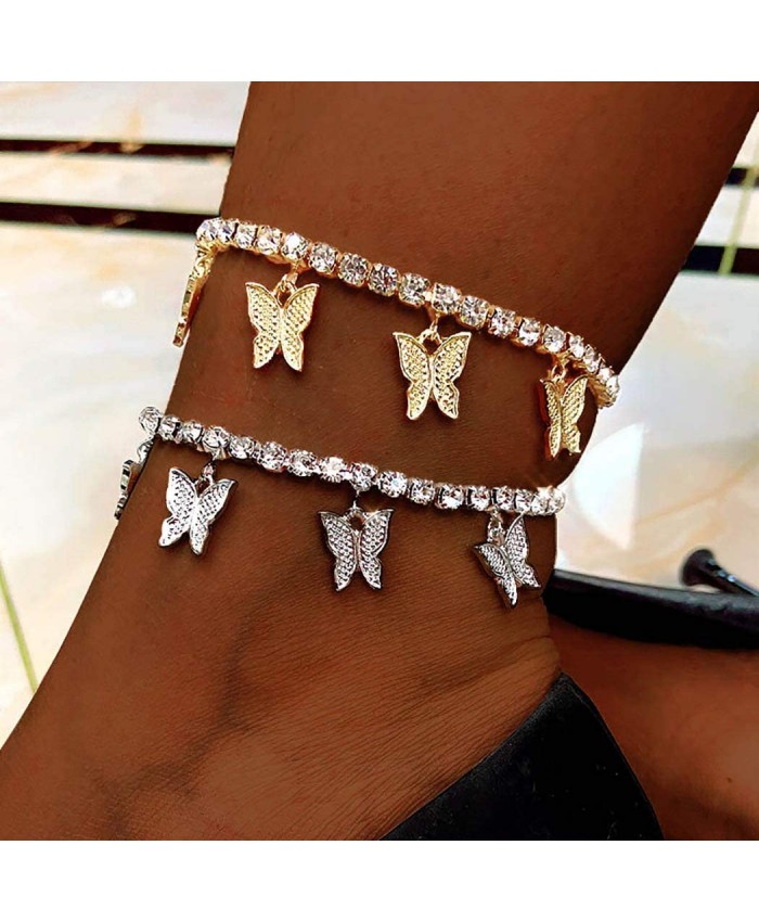 Earent Boho Layered Crystal Anklet Silver Butterfly Pendant Ankle Bracelets Beach Rhinestone Foot Jewelry Adjustable for Women and Girls