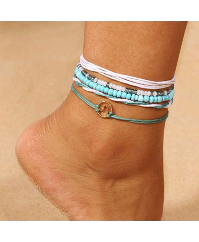 Earent Boho Layered Turquoise Anklet Set Blue Beaded Ankle Bracelets Beach Foot Jewelry Adjustable for Women and Girls Pack of 5
