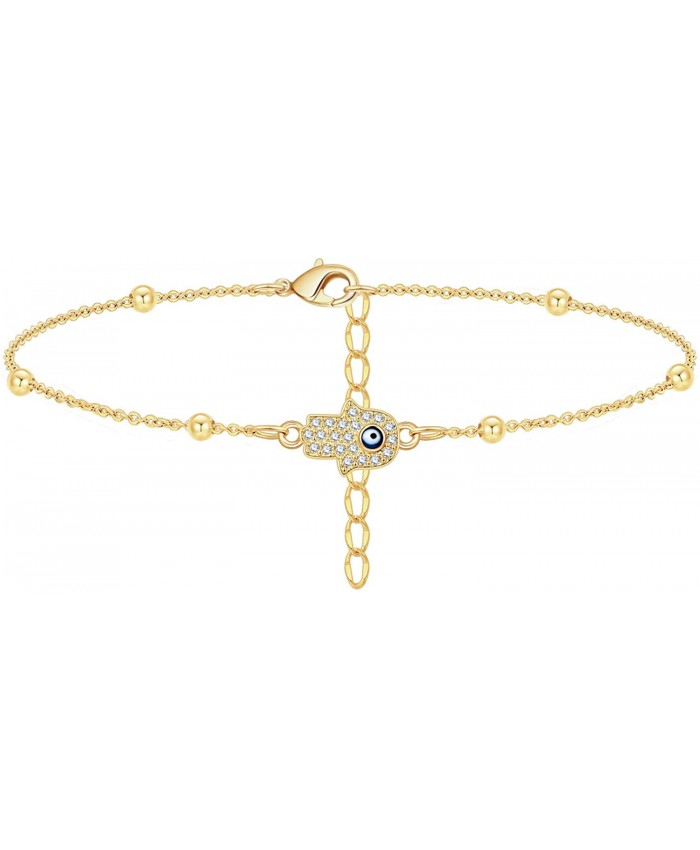 Estendly Tiny Hamsa Hand Anklet Beads Ankle Bracelet Boho 14K Gold Plated Beach Jewelry for Women