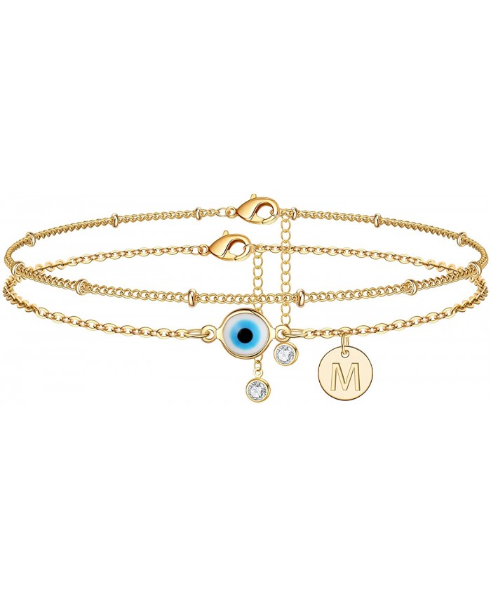 Evil Eye Ankle Bracelets for Women 14K Gold Plated Double Layering With Evil Eye Anklet Bead Chain Disc Letter Charm Anklet Bracelets Hypoallergenic Jewelry for Women Beach Gifts With Letter M