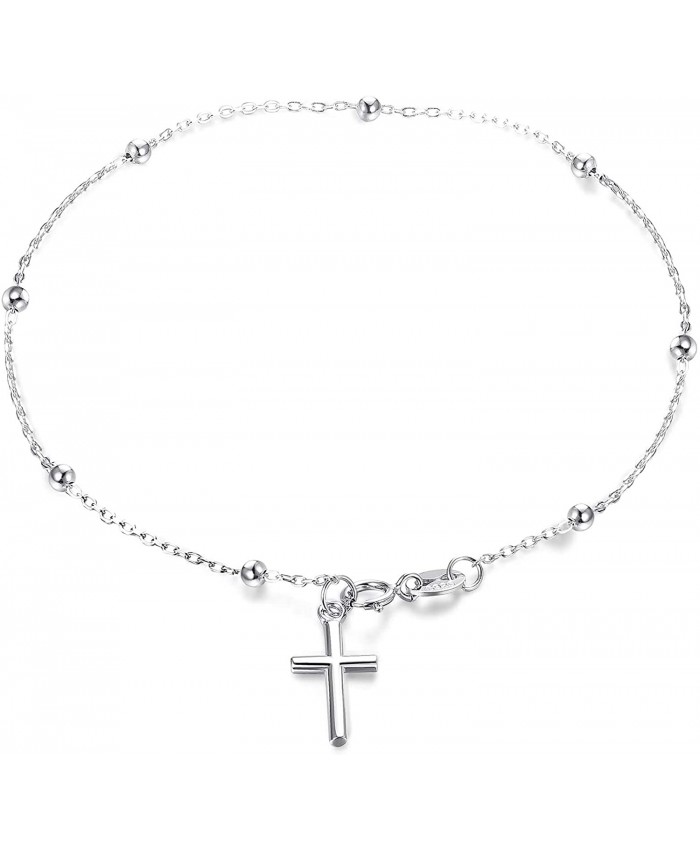 Fansilver 925 Sterling Silver Bracelet for Women Cross Pendant Bracelet Rosary Bead Anklet Bracelet Charm Link Chain Bracelet