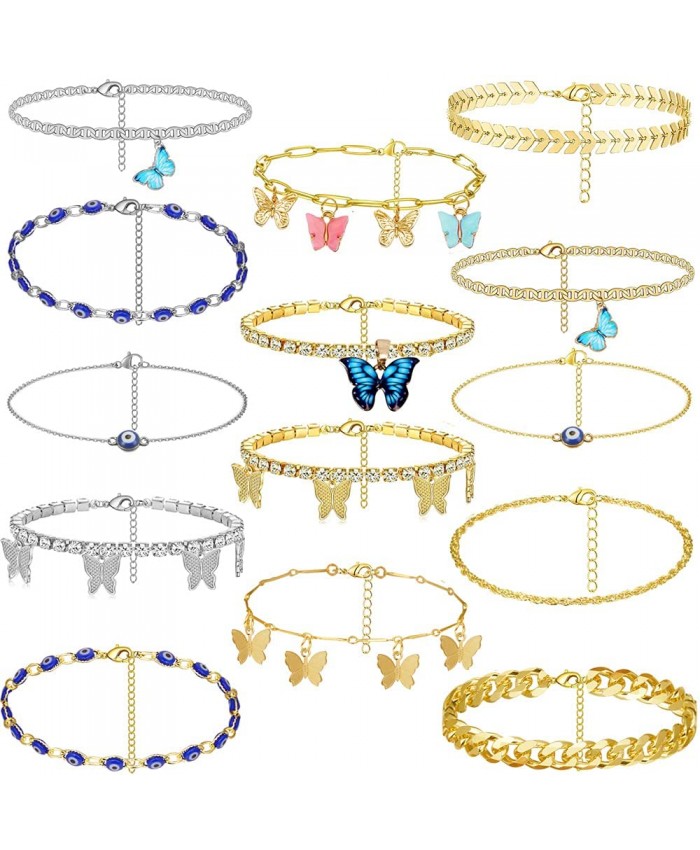 hefanny 14 Pcs Evil Eyes Butterfly Crysta Sparkly Luck Anklet Bracelets Set for Women Gold Boho Beach Anklet Chain Adjustable Foot and Hand Adjustable Chain Jewelry for Girls