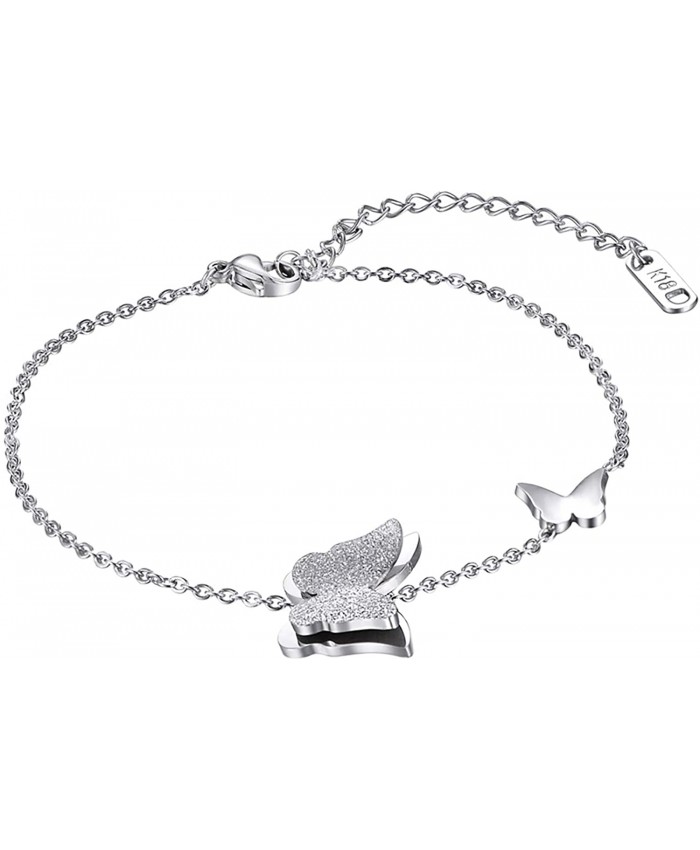 HooAMI Silver Stainless Steel Butterfly Charm Adjustable Anklet Bracelets for Women Girls