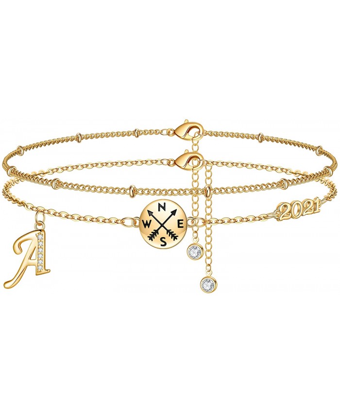 IEFWELL Class of 2021 Graduation Gifts 14K Gold Plated Layered Compass Anklets Initial Anklets Gradution Ankle Bracelets for Women Senior College Graduations Gifts for Her 2021A