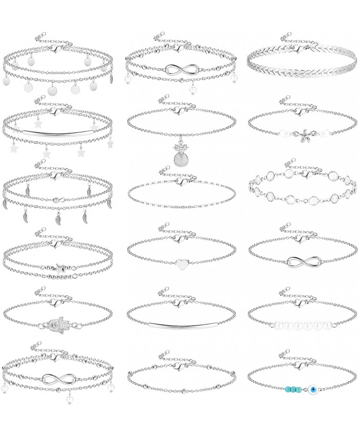 Jstyle 18Pcs Ankle Bracelets for Women Pearl Chain Evil Eye Beach Boho Layered Adjustable Cute Anklet Foot Wholesale Jewelry