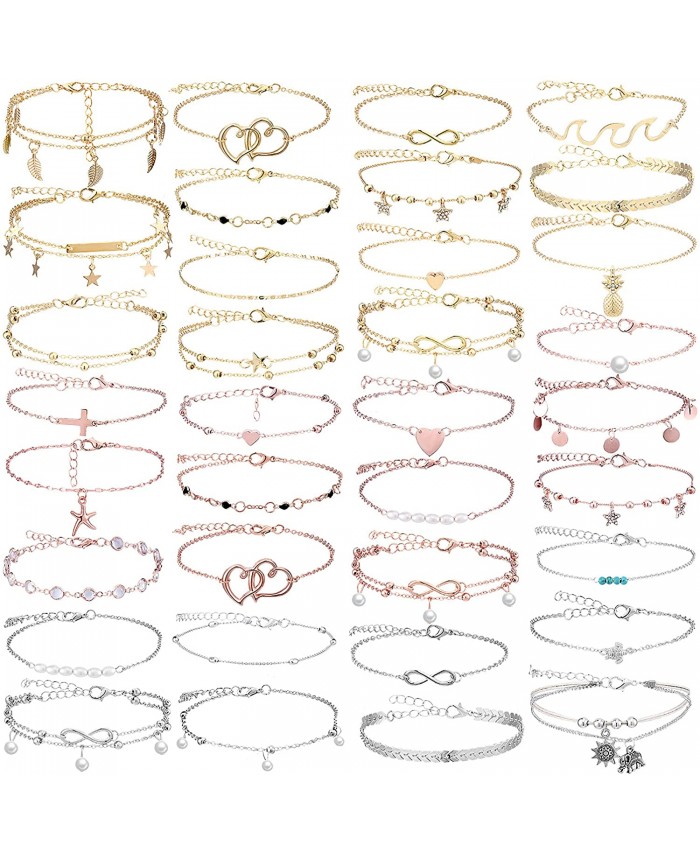 Kenning 36 Pieces Boho Ankle Bracelets Beach Anklets Jewelry Set Foot Chains Adjustable Foot Hand Jewelry for Women Girls Gold Silver Rose Gold