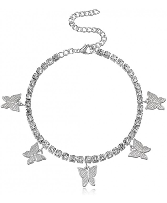 Kiokioa Crystal Ankle Bracelet for Women Girls Silver Diamond Tennis Anklet Prom Anklet Butterfly Foot Chain Silver