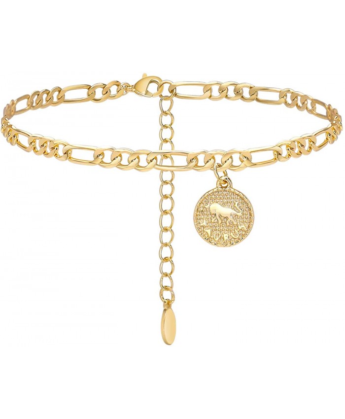 Lcherry Dainty Zodiac Constellation Ankle Bracelet Zodiac Sign Disc Taurus Figaro Chain Anklet 14K Real Gold Plated for Women