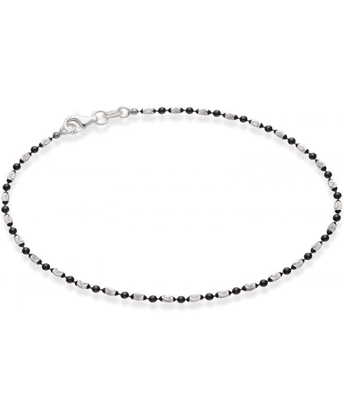 MiaBella 925 Sterling Silver Diamond-Cut Oval and Round Bead Ball Chain Anklet Ankle Bracelet for Women Teen Girls 9 10 Inch Made in Italy 10 two-tone Black Rhodium-Silver