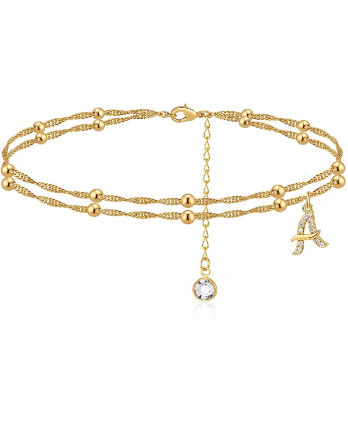 MONOOC A Initial Ankle Bracelets for Women 14K Gold Plated Dainty Anklet Letter A Double Layered Anklets for Women