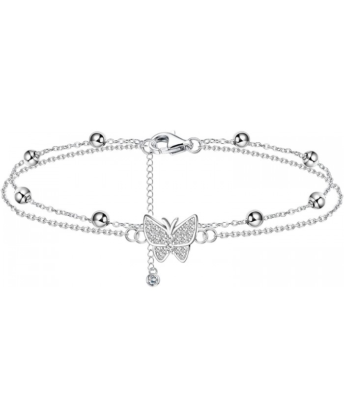 PATISORNA 925 Sterling Silver Layered Anklet Bracelet for Women Butterfly Heart Beaded Chain Anklets Adjustable Double Layer Beach Foot Jewelry Summer AnkletButterfly
