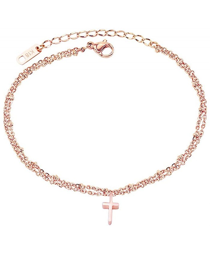 Rose Gold Ankle Bracelets for Women - Adjustable Dainty Layered Cross Anklet in RoseGold Perfect for Teen Girls Ladies - Fashion Stainless Steel Layered Link Foot Jewellery