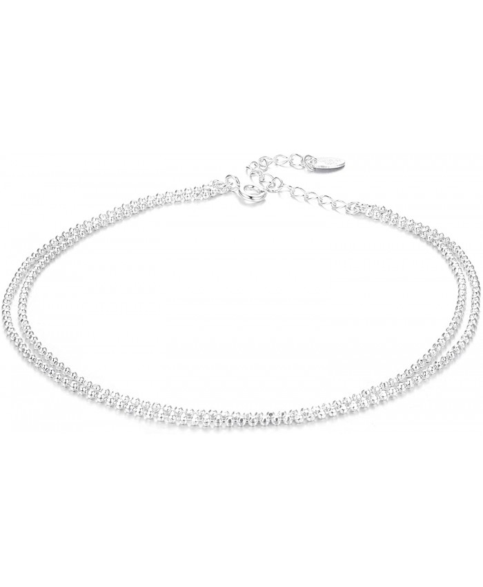 Sllaiss 925 Sterling Silver Tiny Bead Layered Anklet for Women Men Double Layered Chain Anklet Beach Foot Ankle Bracelet Adjustable Cute Bead Chain Link Summer Jewelry