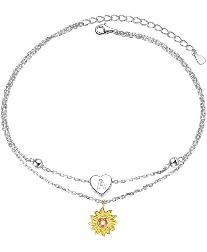 Sterling Silver Layered Chain Alphabet Letter Initial A with Sunflower Beads Foot Bracelet Anklet for Women