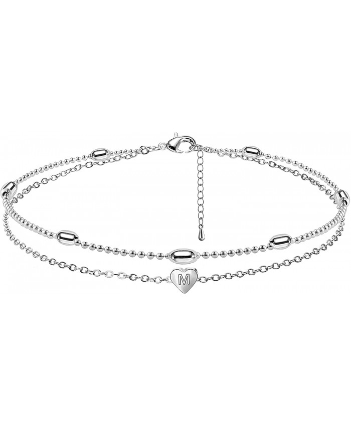 Tasiso Layered Initial Satellite Heart Anklet for Women Silver Plated Handmade Dainty Engraved Letter Beads Boho Ankle Bracelet Minimalist Beach Jewelry