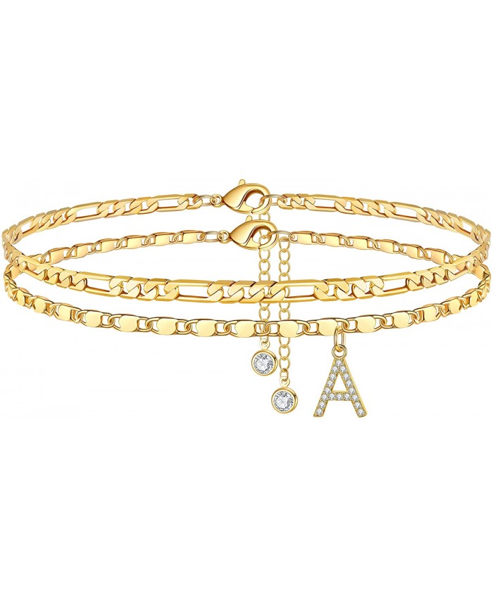 Ursteel Ankle Bracelets for Women A Initial Anklet 14K Gold Plated Dainty Adjustable Layered Figaro Chain CZ Letter A Initial Anklets Set Summer Jewelry Gifts Anklets for Women Teen Girls