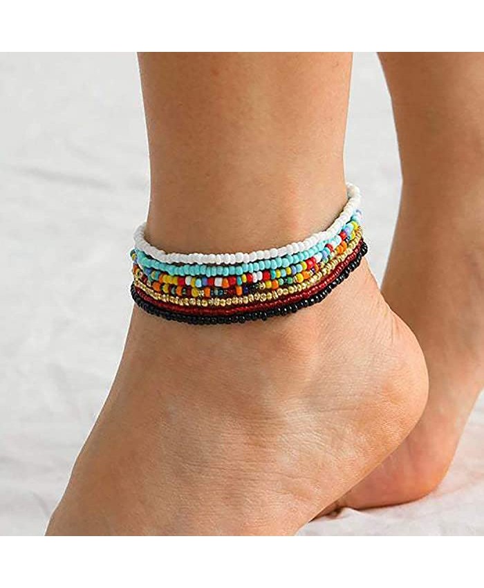 VFlowee Boho Handmade Beads African Anklets Colorful Women Stretch Ankle Bracelets Beaded Bracelet Elastic Foot and Hand Chain Jewelry 7PCS