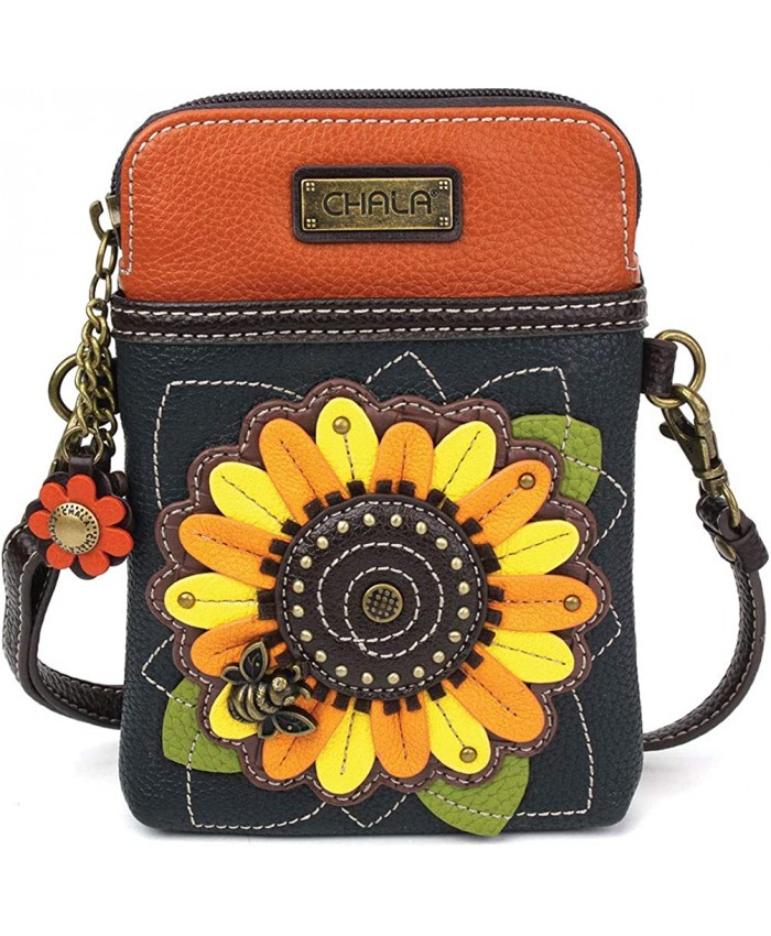Chala Crossbody Cell Phone Purse - Women PU Leather Multicolor Handbag with Adjustable Strap - Sunflower Navy Handbags