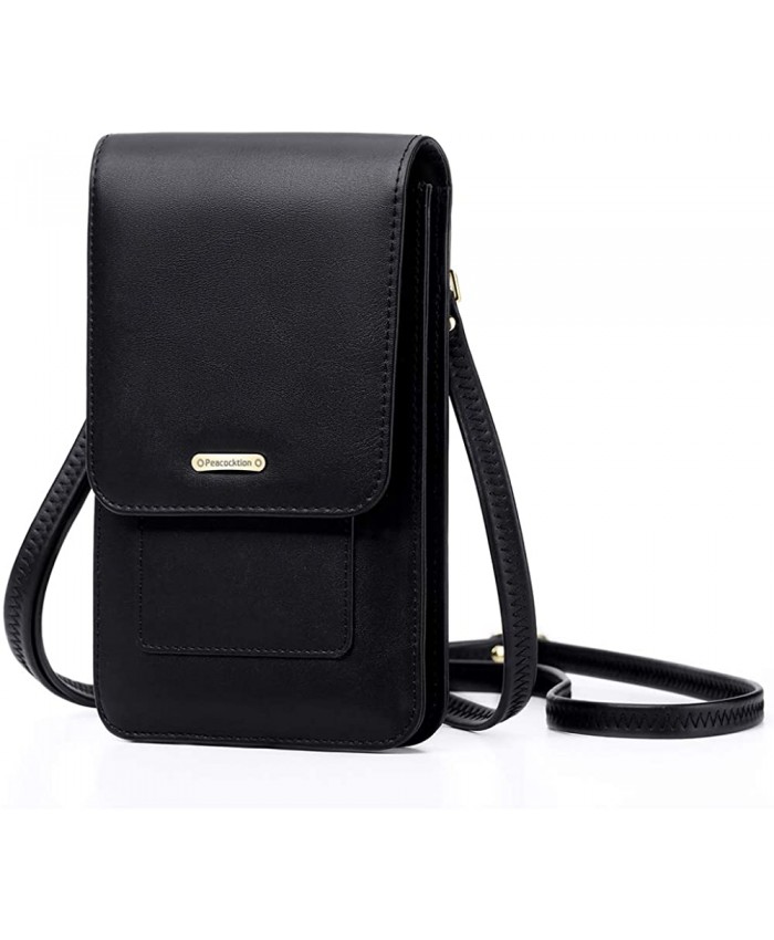 Peacocktion Small Crossbody Cell Phone Bag for Women Leather Shoulder Bag Card Holder Phone Wallet Purse Black Handbags