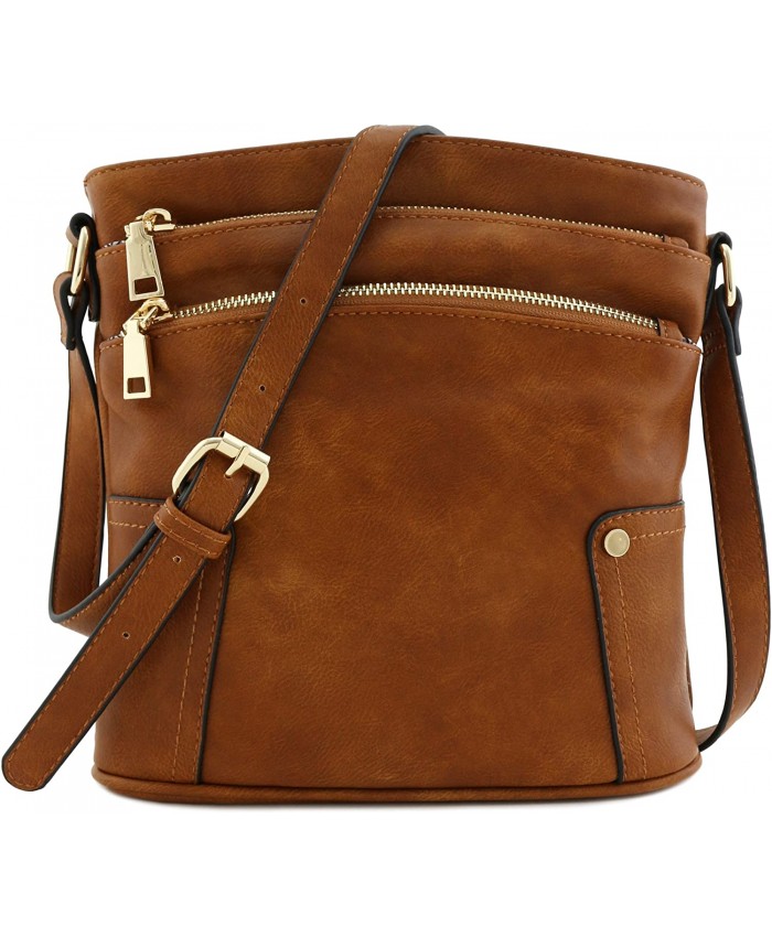 Triple Zip Pocket Medium Crossbody Bag Dark Tan Handbags