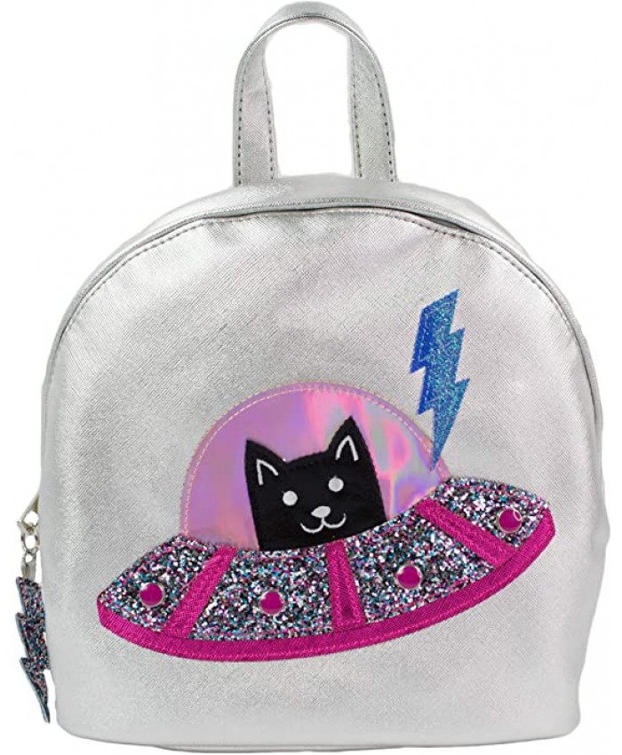 Cute Faux Leather Metallic Silver Backpack Purse Bag with Fun Kitty Cat in Spaceship Design for Women